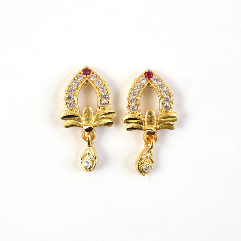Designer Gold Earrings with Elegant Teardrop Cut & Crystal Work