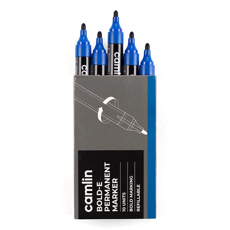 Camlin Bold-E Permanent Marker – Blue Colour, Bold & Long-Lasting Ink, Refillable Permanent Markers for Multi-Surfaces – Pack of 10