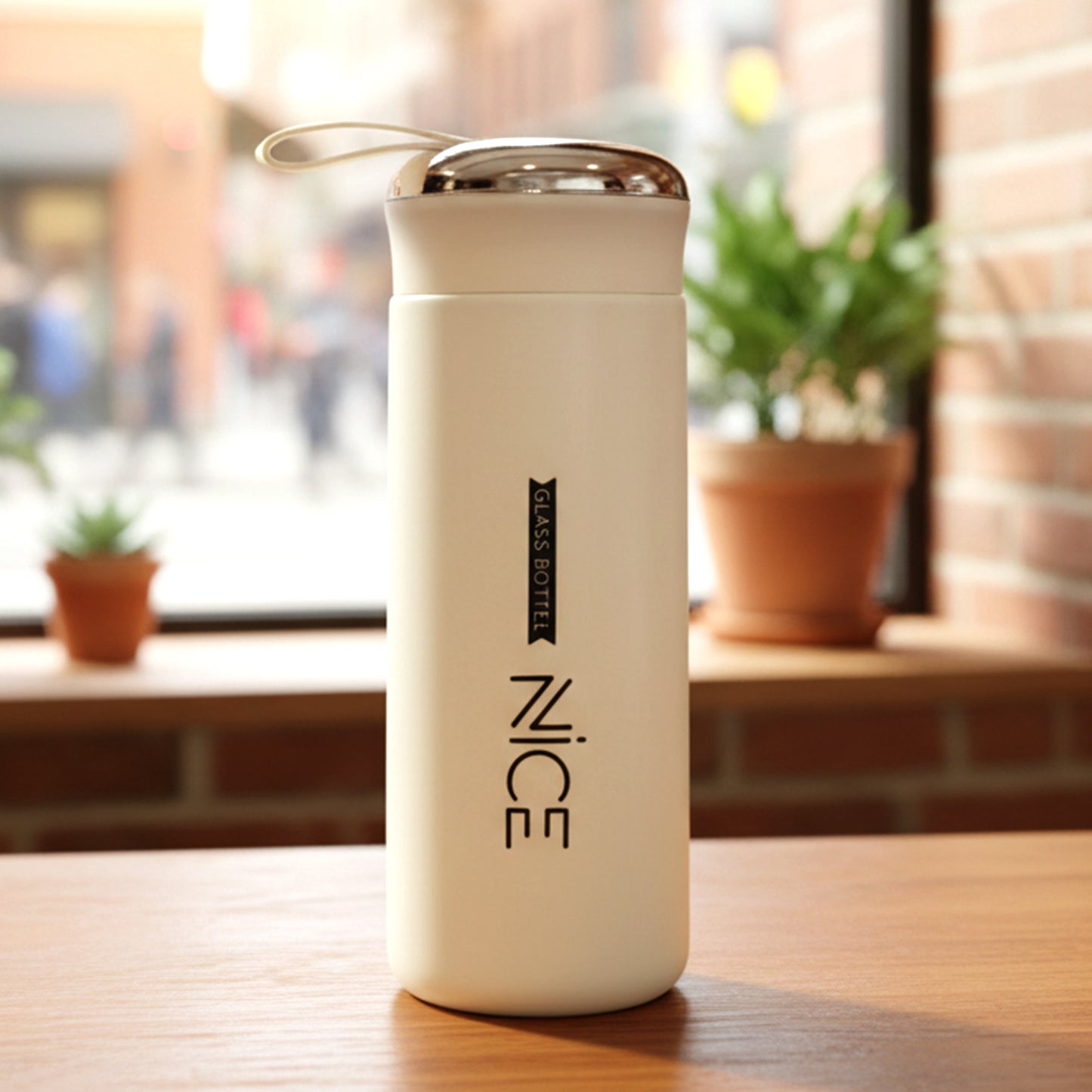 White glass water bottle side view with protective cover