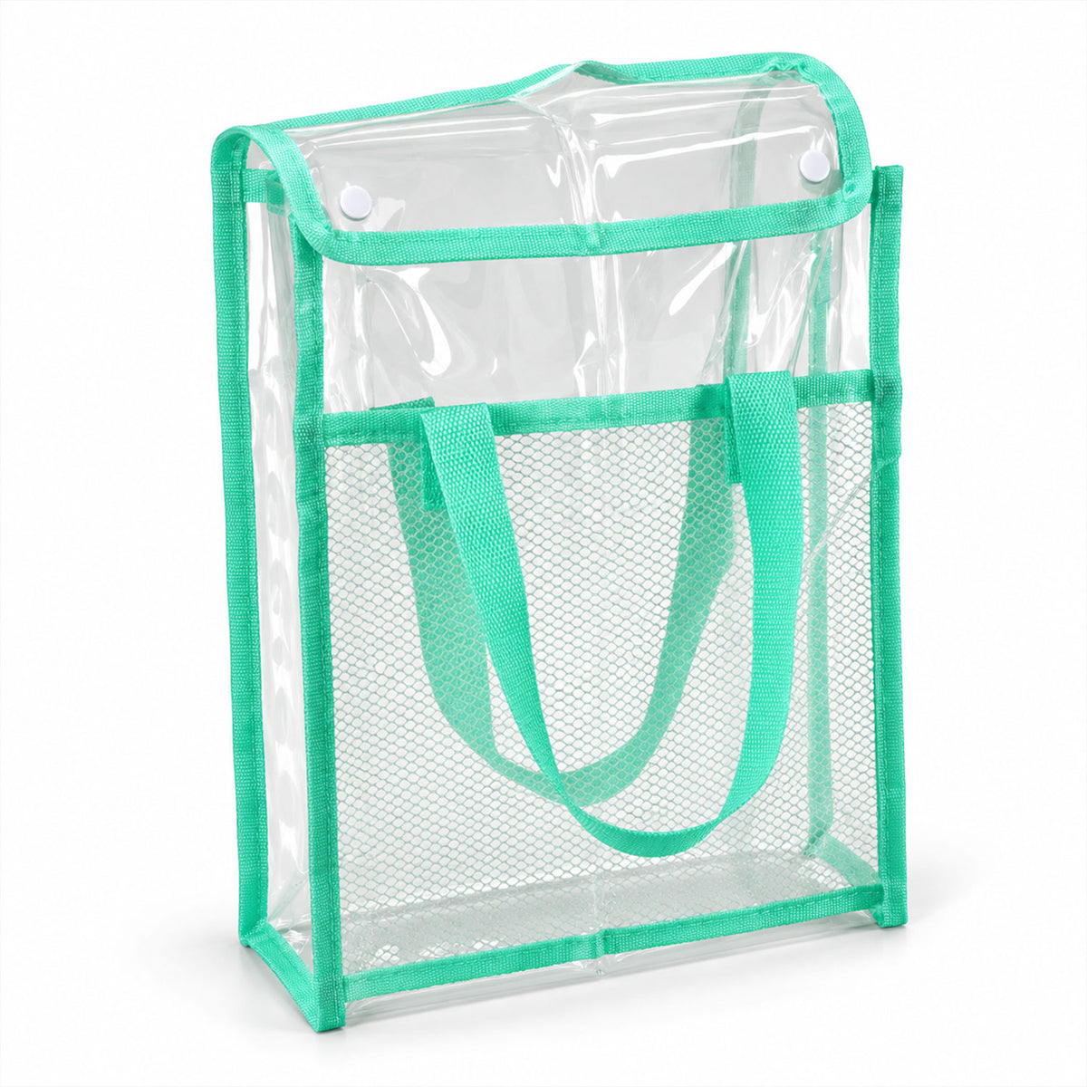 A clear green document bag with a mesh pocket and a snap-button flap, standing upright on a white surface.