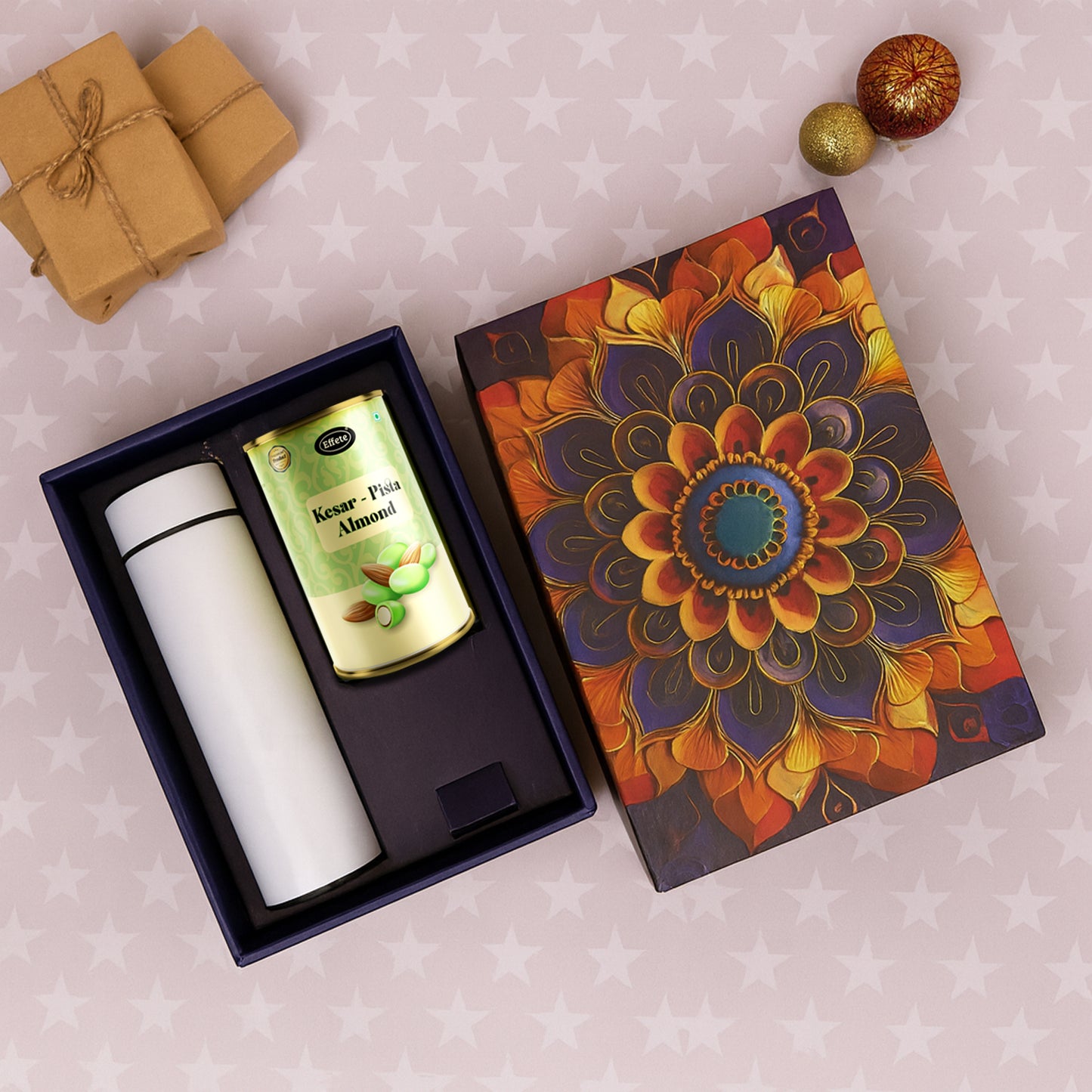 Effete Kesar Pista Almonds Gift Hamper, Golden With Bottle (2 Pc Set)