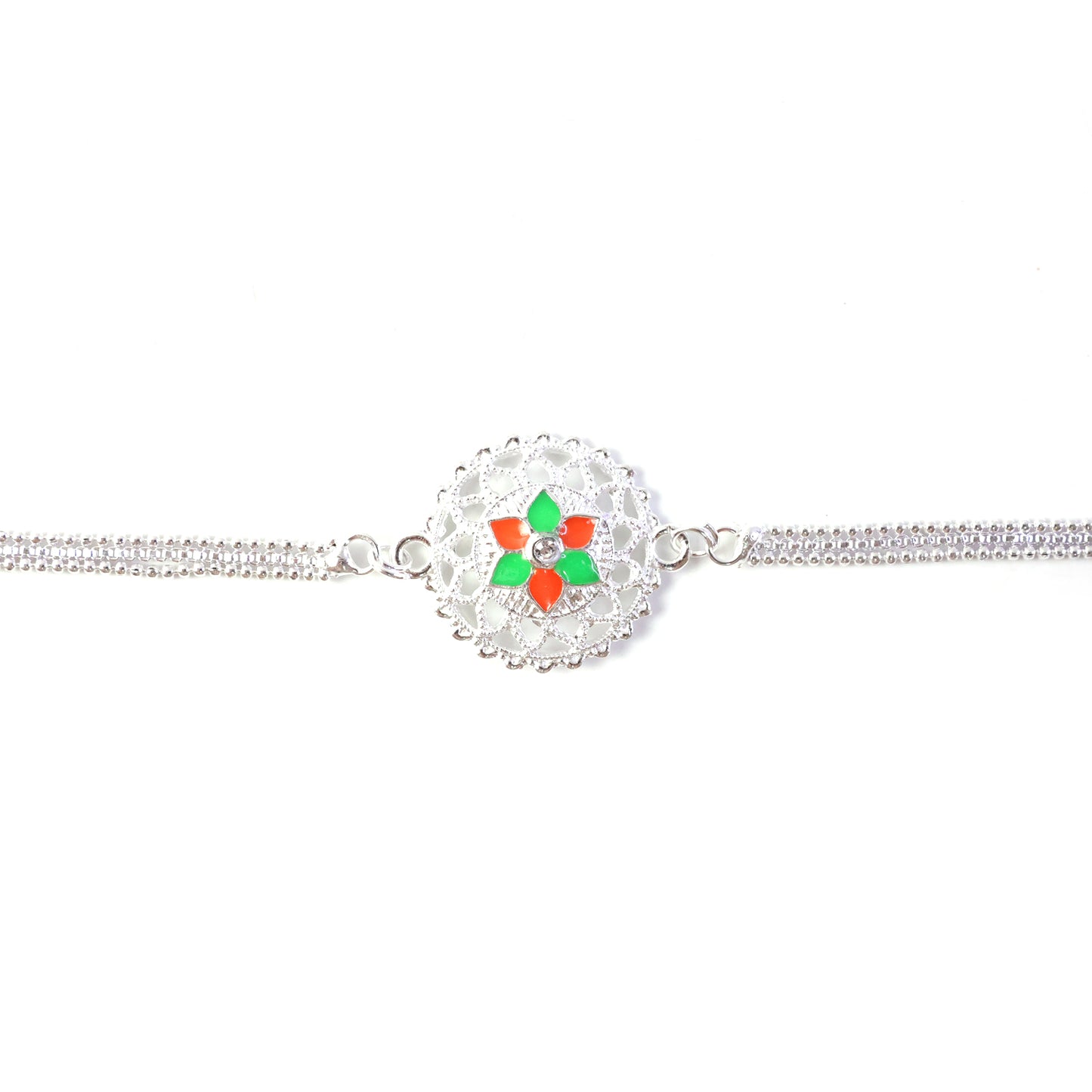 Festive silver floral Rakhi with comfortable tying thread