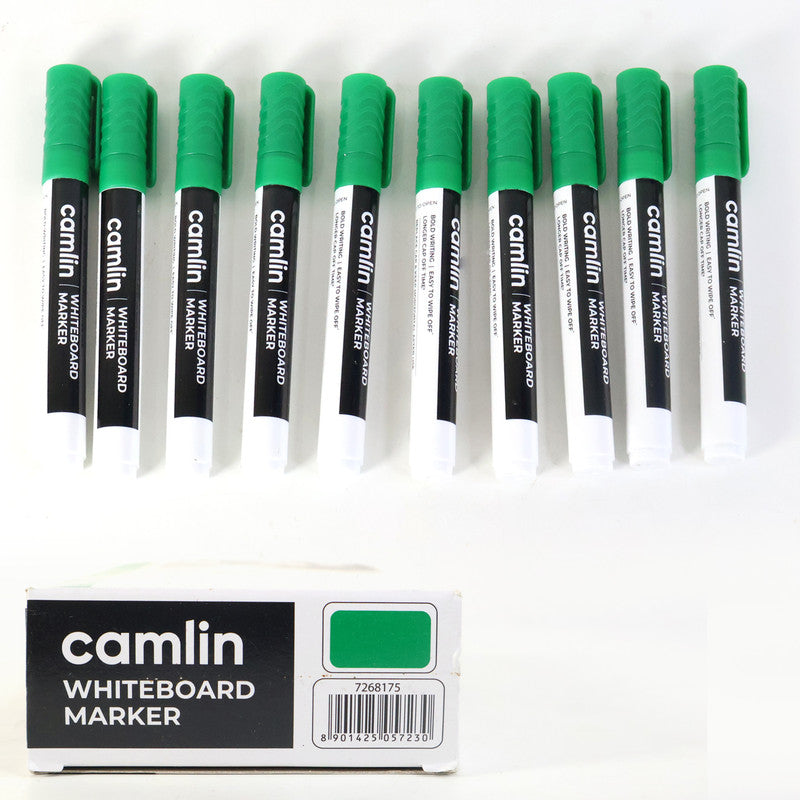 Camlin Whiteboard Marker – Green Colour, Bold & Refillable Ink, Smooth Writing Marker for Whiteboards – Pack of 10