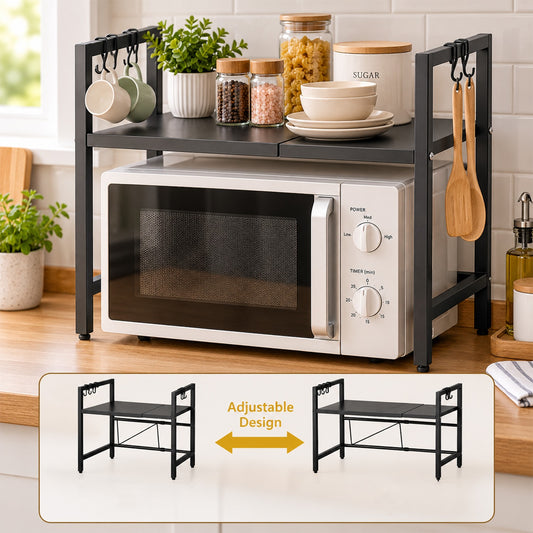 Adjustable Microwave Oven Storage Rack with Hooks for Kitchen (1 Pc)