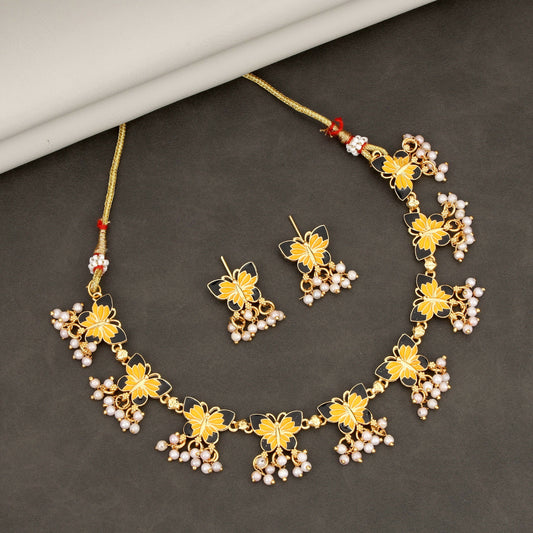 Gold-Plated Black & Yellow Enamel Butterfly Necklace Set with Pearl Drops