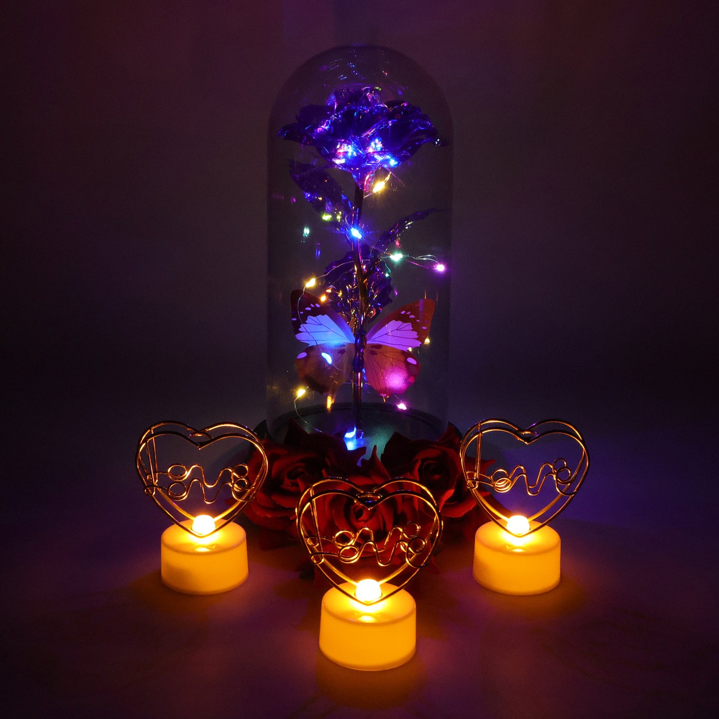 Glass dome rose and golden rose gift set
