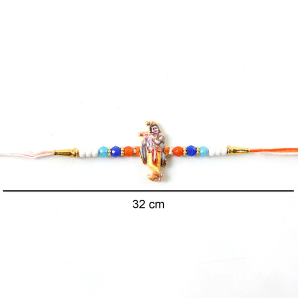 Traditional Spiritual Rakhi with Lord Krishna, handmade with durable thread and sacred design.