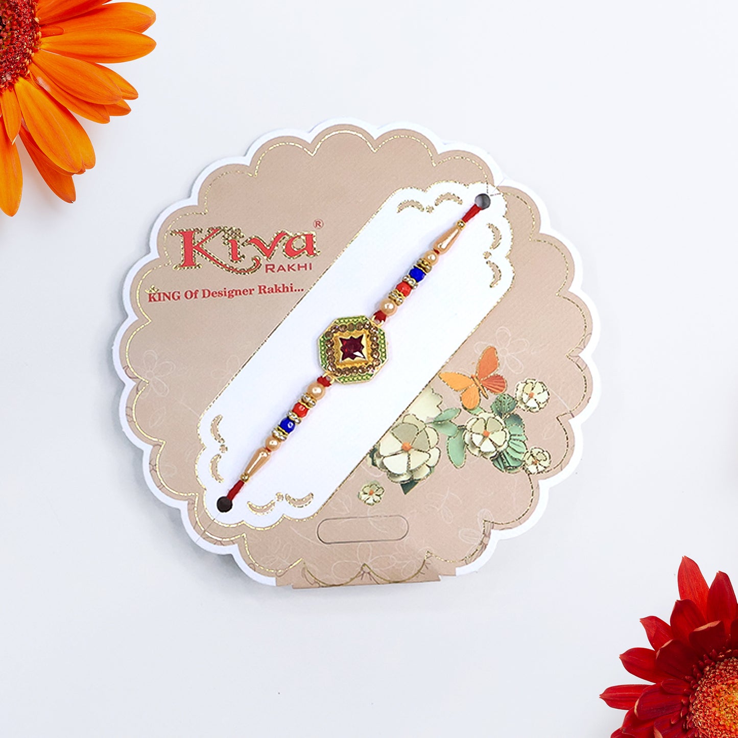 Designer Stone Rakhi with Red Centerpiece, Pearl Beads & Colorful Detailing – Elegant Thread for Raksha Bandhan