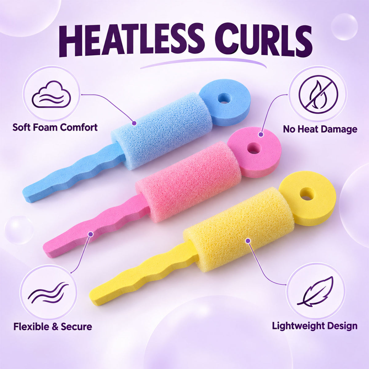 Heatless Foam Hair Rollers, Soft Bendable Hair Curlers Accessory (3 Pc Set)