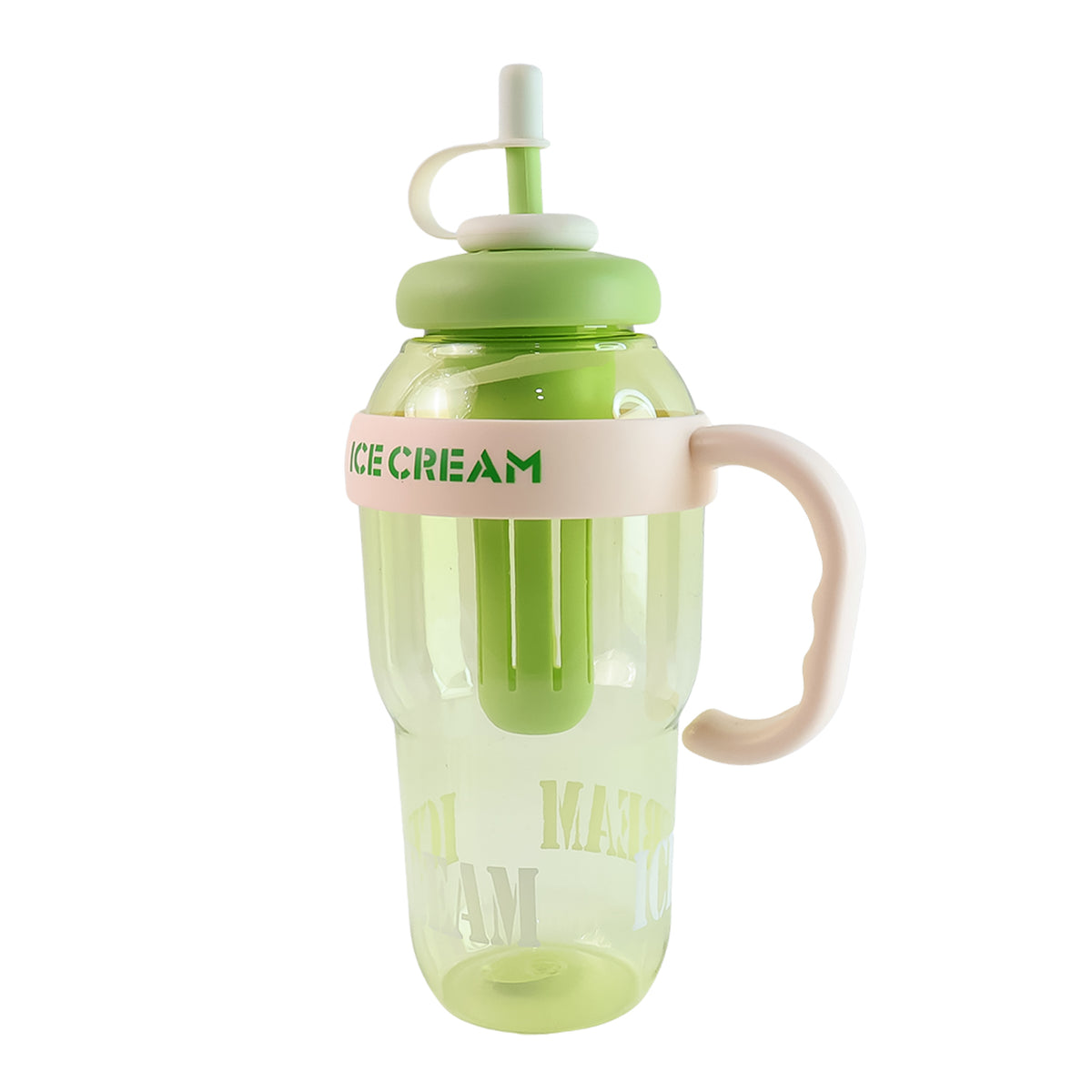A clear plastic bottle with a green lid, straw, and handle, displayed on a white background.