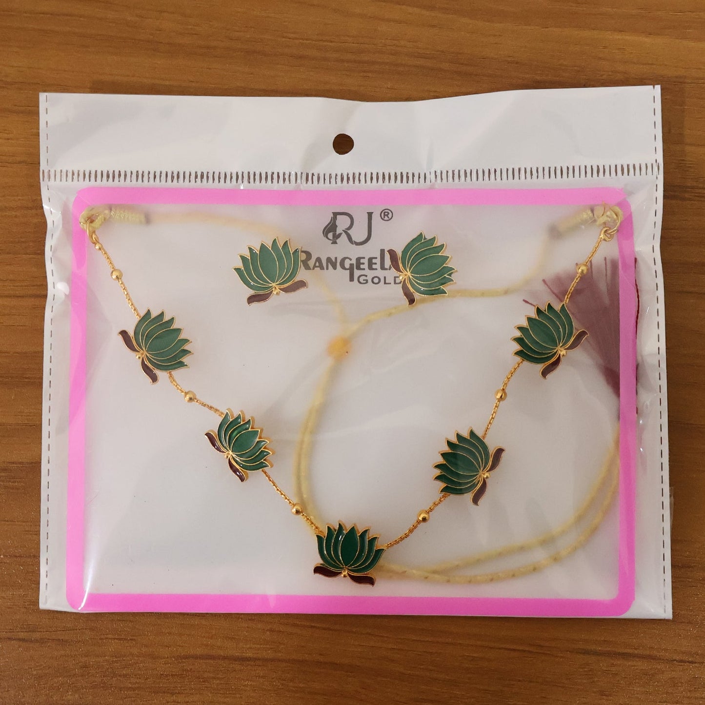 Green Lotus Necklace with Adjustable Thread & Stud Earrings Set