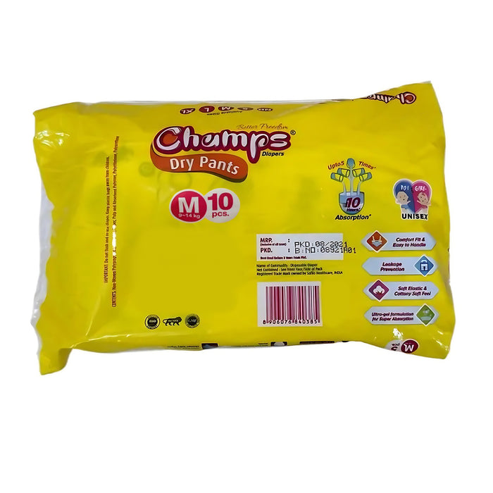0966 Medium Champs Dry Pants Style Diaper - Medium (10 pcs) Best for Travel  Absorption, Champs Baby Diapers, Champs Soft and Dry Baby Diaper Pants (M, 10 Pcs )