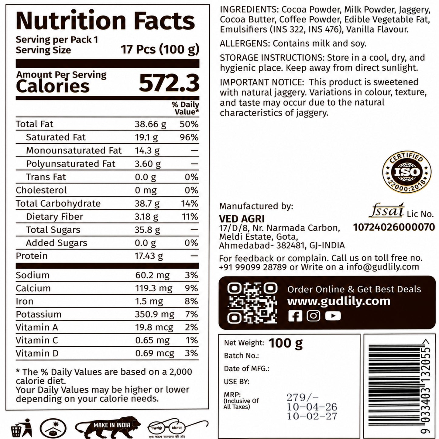 Gudlily Desi Jaggery Delicious Dark Chocolate Premium Sweet Treat (100 Gm)