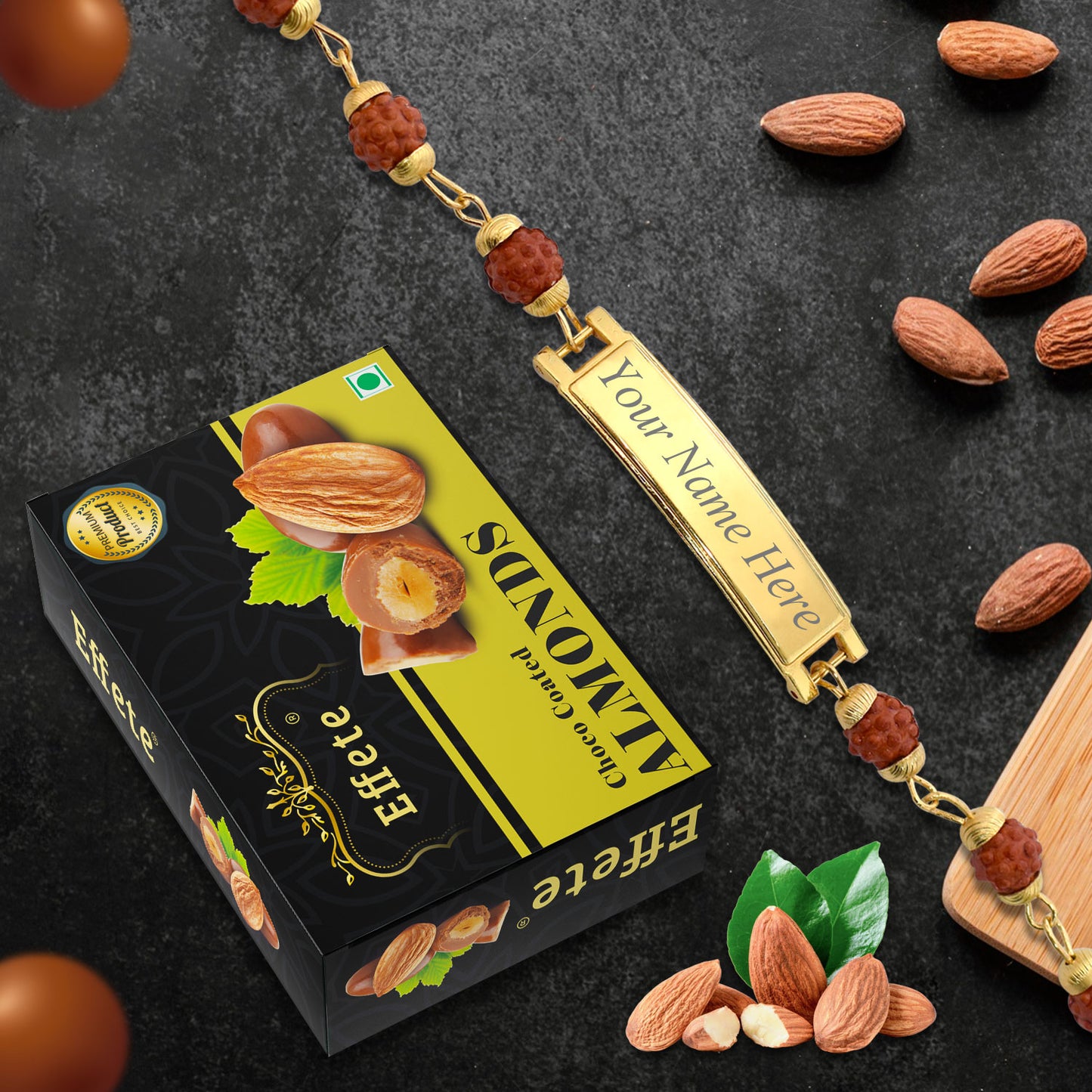 A beautifully packaged personalized bracelet gift set with a custom engraved bracelet and delicious chocolates.
