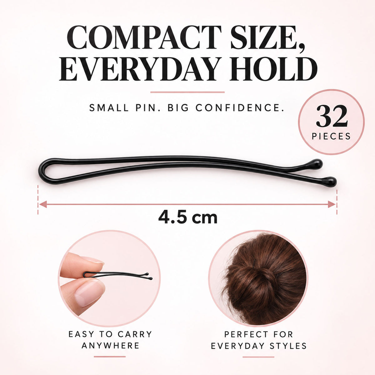 Metal Bobby Hair Pins with Rounded Tips for Buns and Daily Hairdos (32 Pc Set)