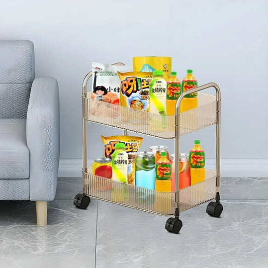 2 Layer Storage Trolley with wheels in kitchen setup, showing compact organizer rack
