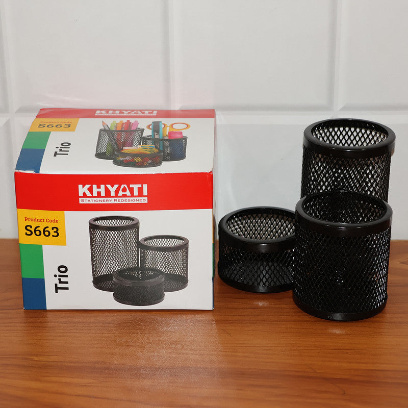 Khyati Trio Metal Mesh Pen Stand – 3-in-1 Round Desk Organizer Set