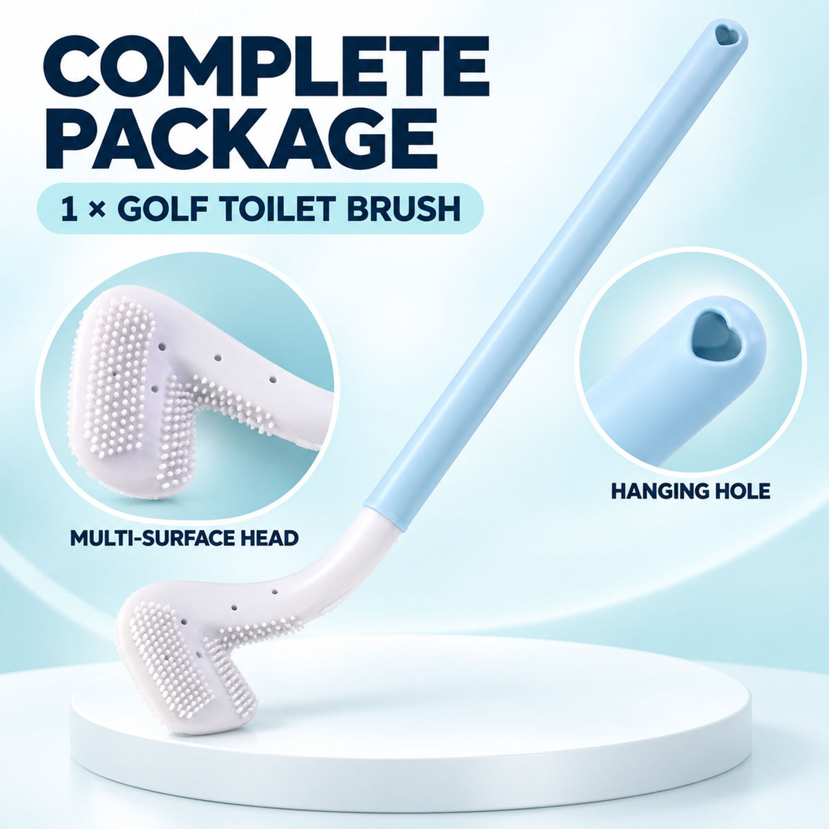 Detailed view of golf shape toilet cleaner brush.