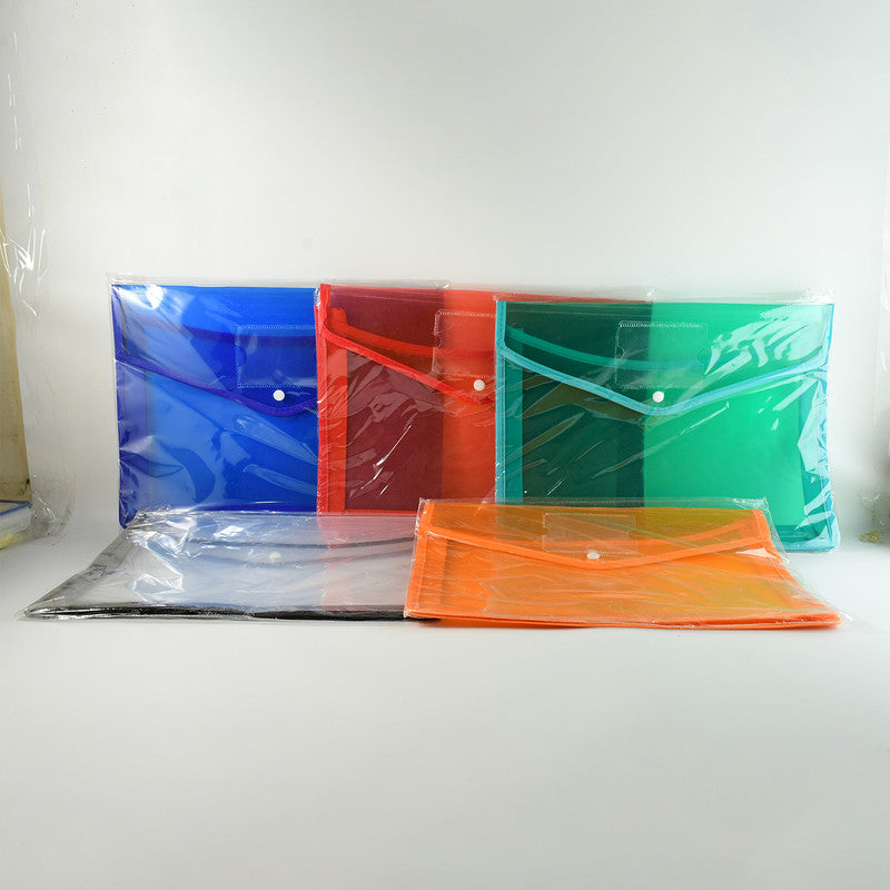 Transparent Document File Folder Set Of 5– Multi-Color Button Closure File Bags