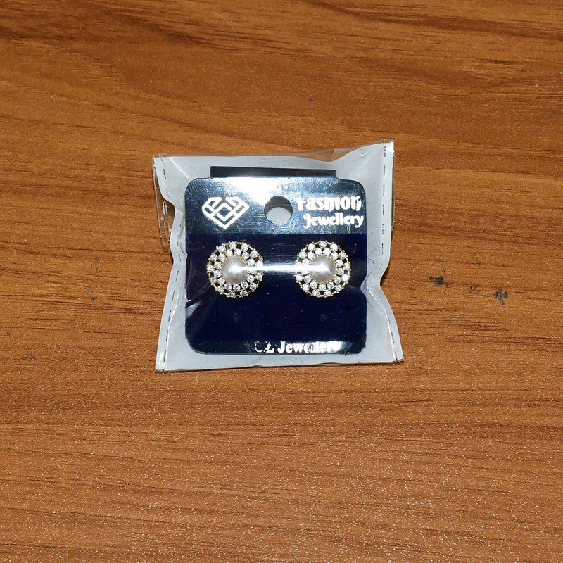 Round Pearl Stud Earrings with Crystal Border and Gold Finish for Women