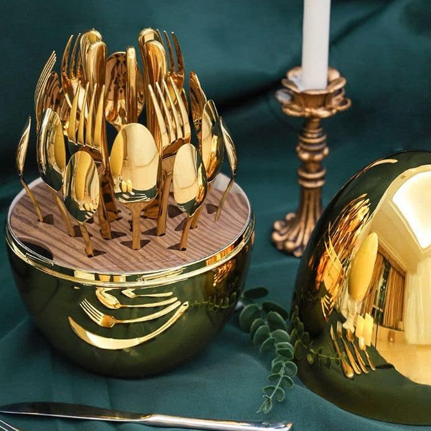 Premium Cutlery Set 24 Pcs with Oval Shaped Stand | Beautiful Stylish Oval Designed Cutlery Sets, Egg-Shaped Luxury Spoon Holder Set (Golden / 24 pcs set)