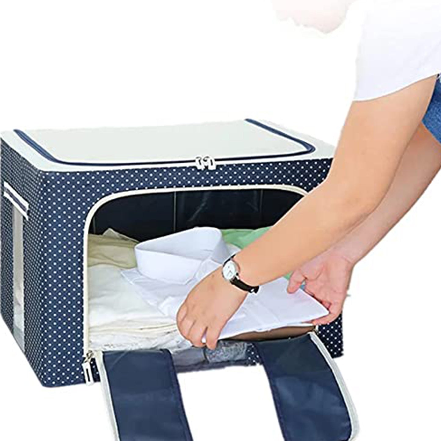 Foldable Steel Frame Clothes Living Storage Organizer Handled Bag 60cm X 43cm X 32cm (Mix Color)