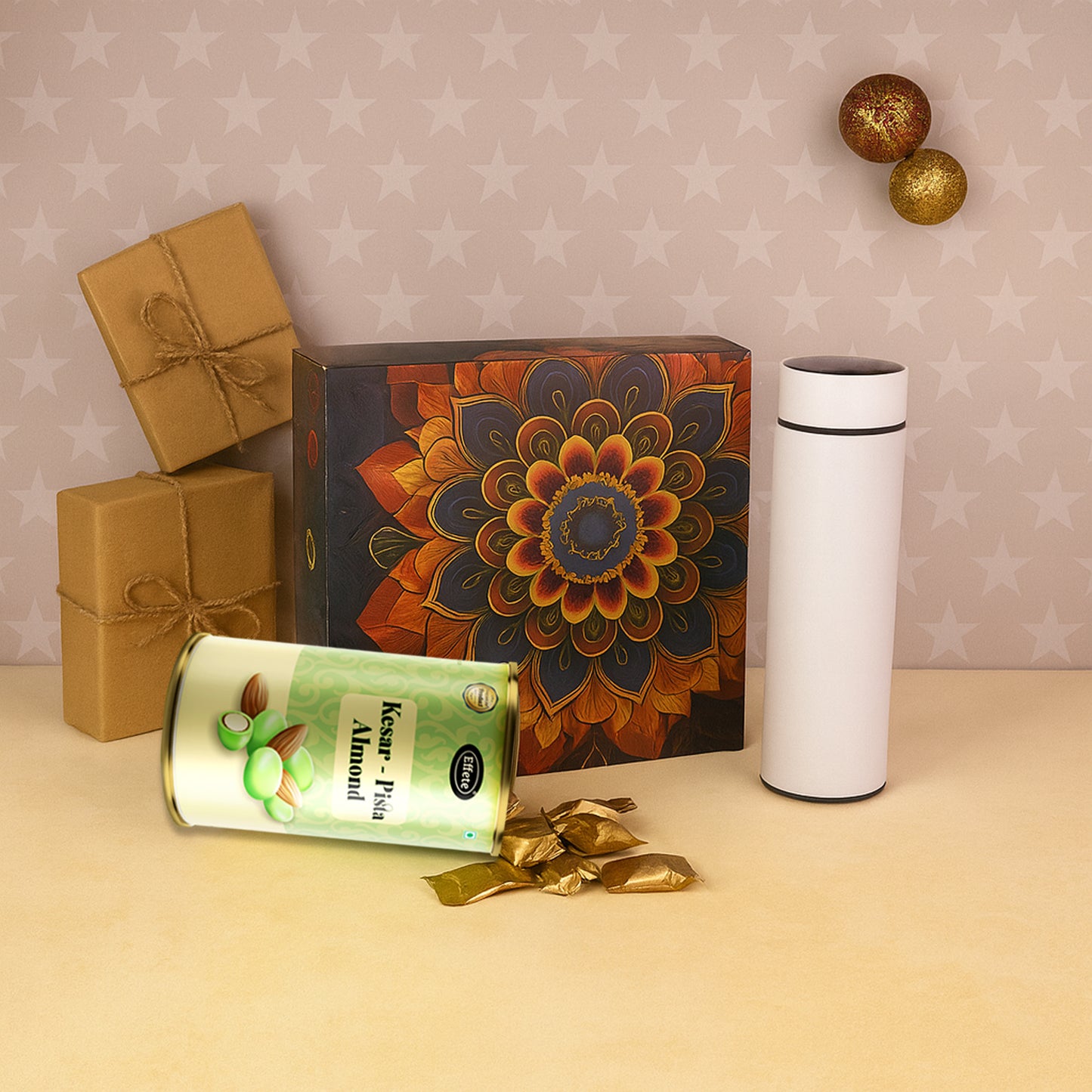 Effete Kesar Pista Almonds Gift Hamper, Golden With Bottle (2 Pc Set)