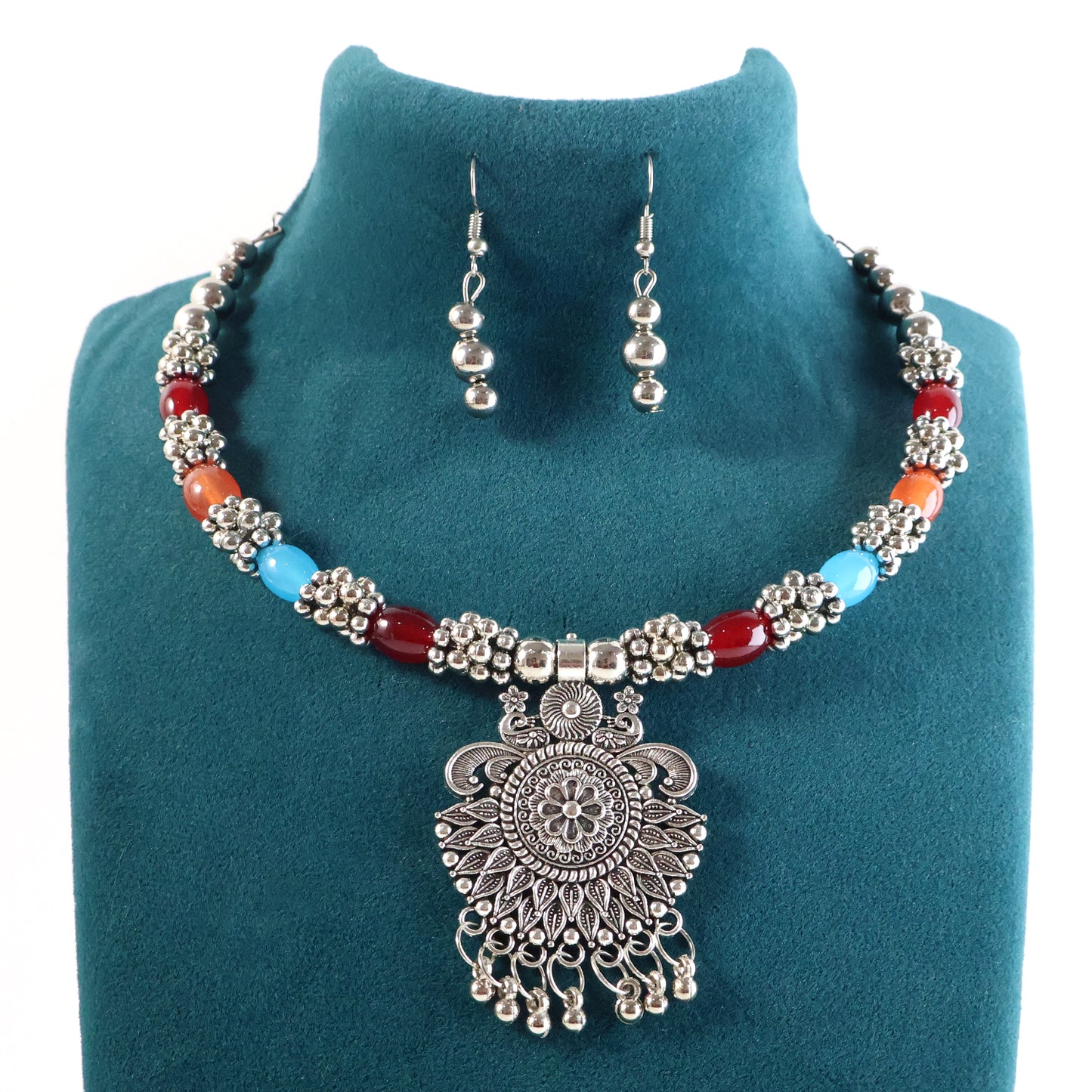 Oxidised Silver Traditional Beaded Necklace Set