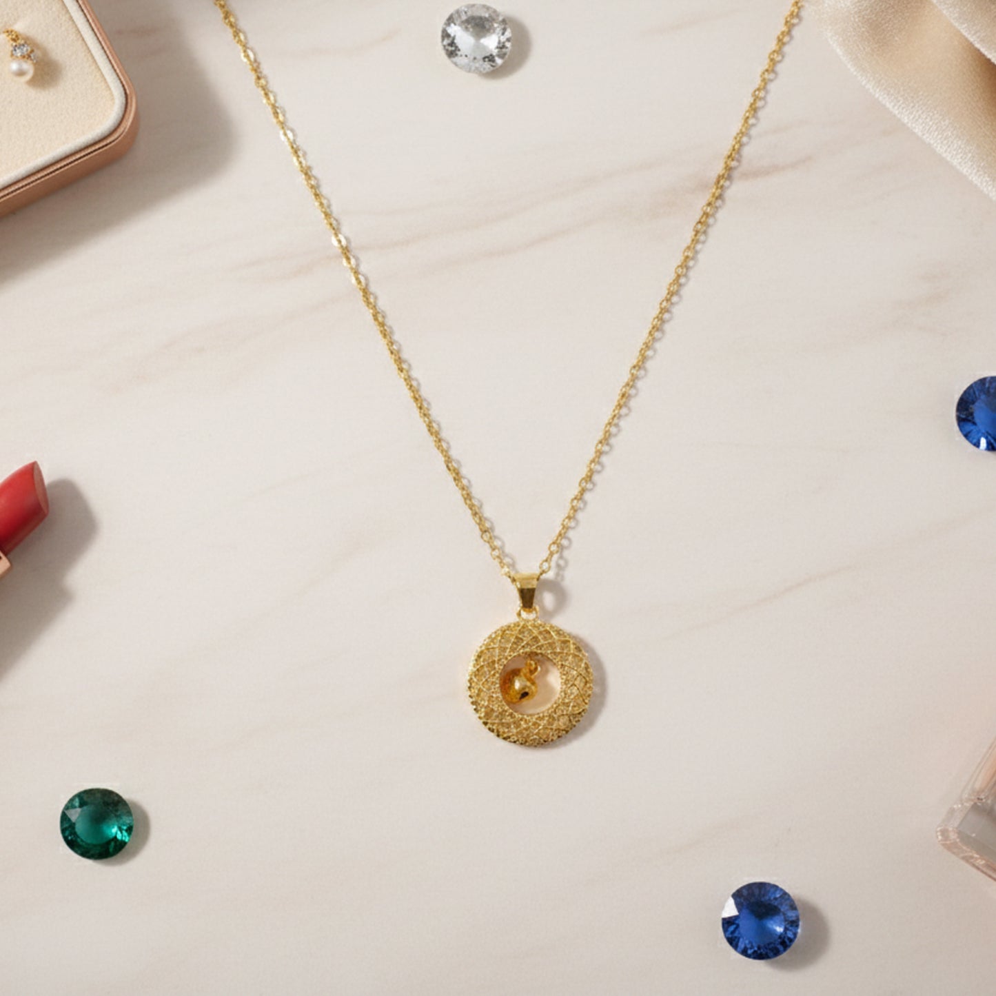 Traditional Gold-Tone Round Jhumka Pendant Chain Necklace (1 Pc)