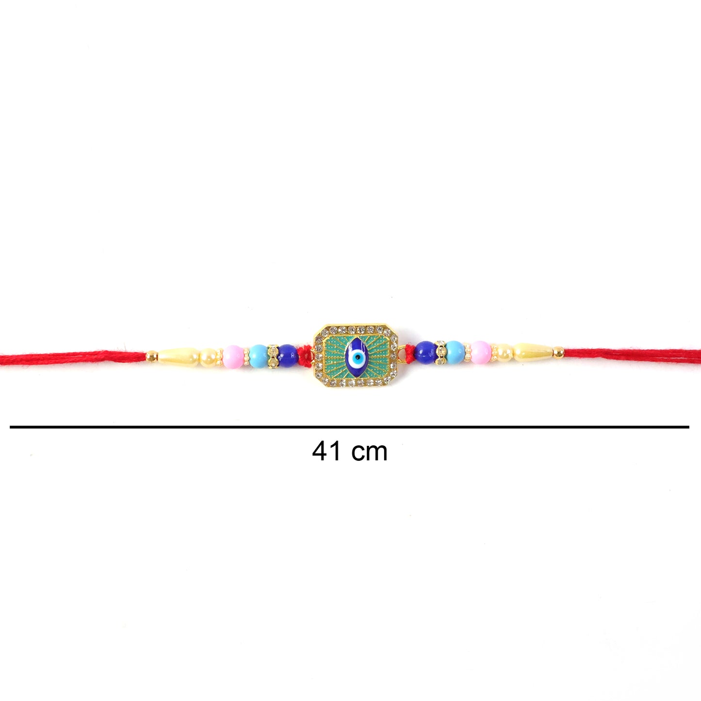 Traditional rakhi with vibrant beads and evil eye centerpiece