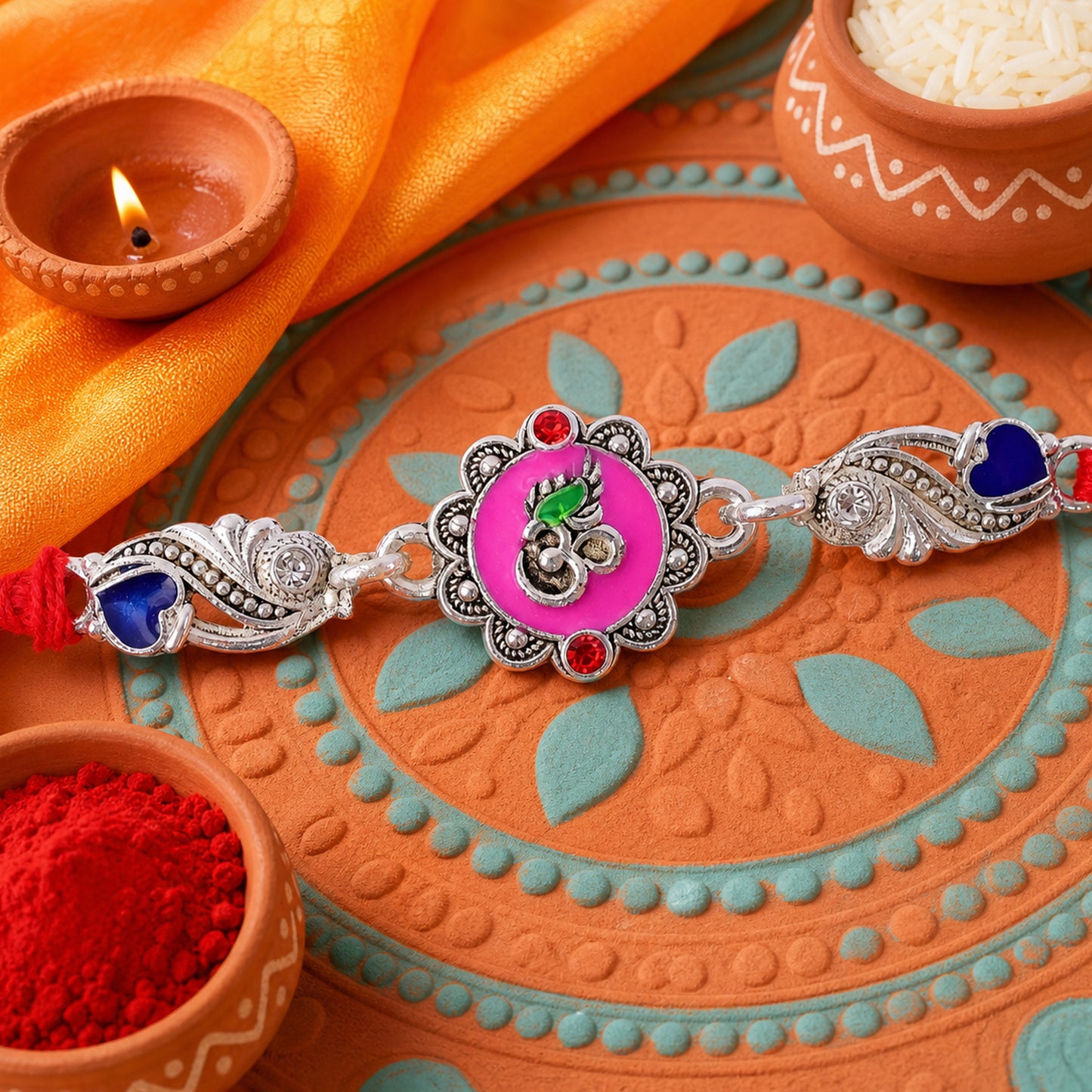 Premium Rakhi featuring Round Floral Medallion, gold trims and chain look for Gift