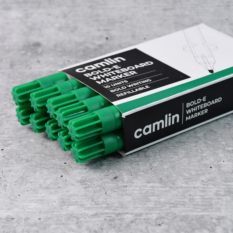 Camlin Bold-E Whiteboard Marker – Green Color Bold Writing Refillable Markers (Pack of 10)