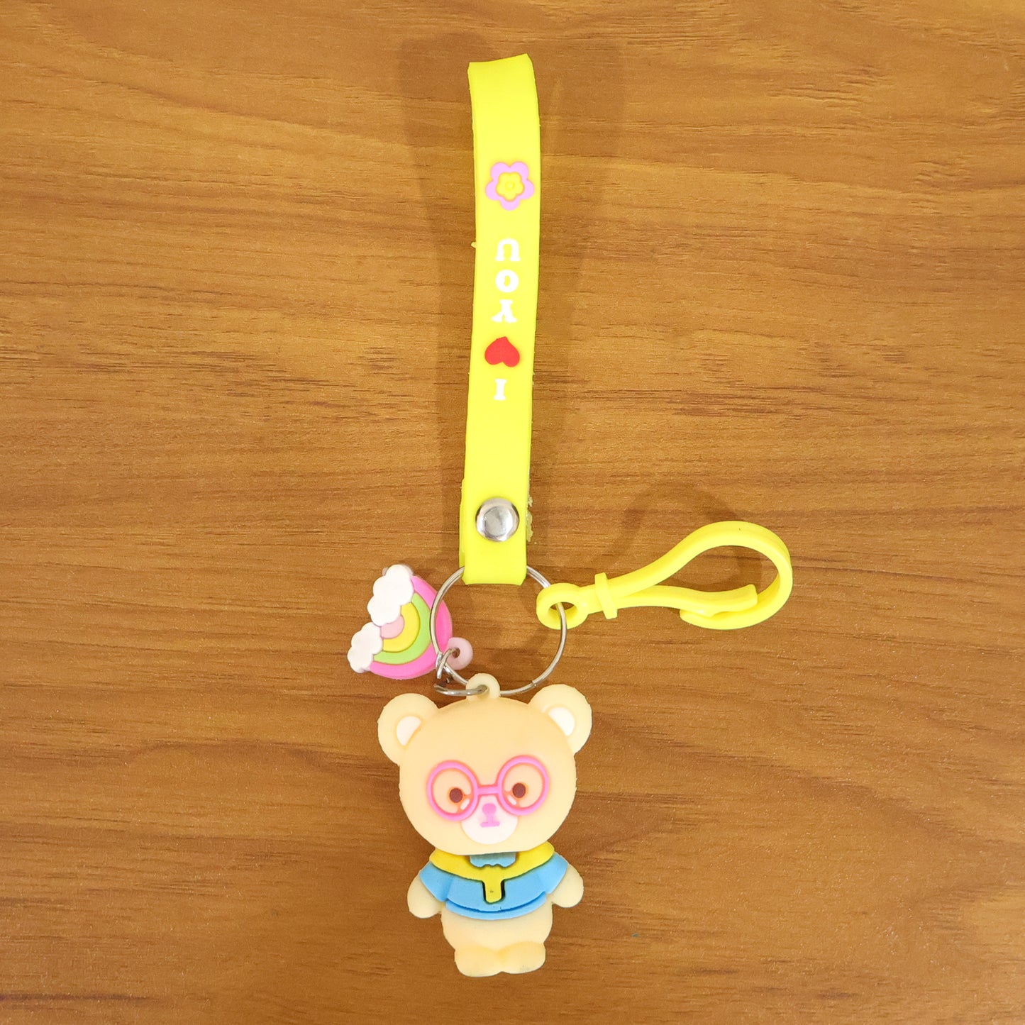Cute Cartoon Teddy Bear Keychain with Yellow I Love You Strap (1 Pc)