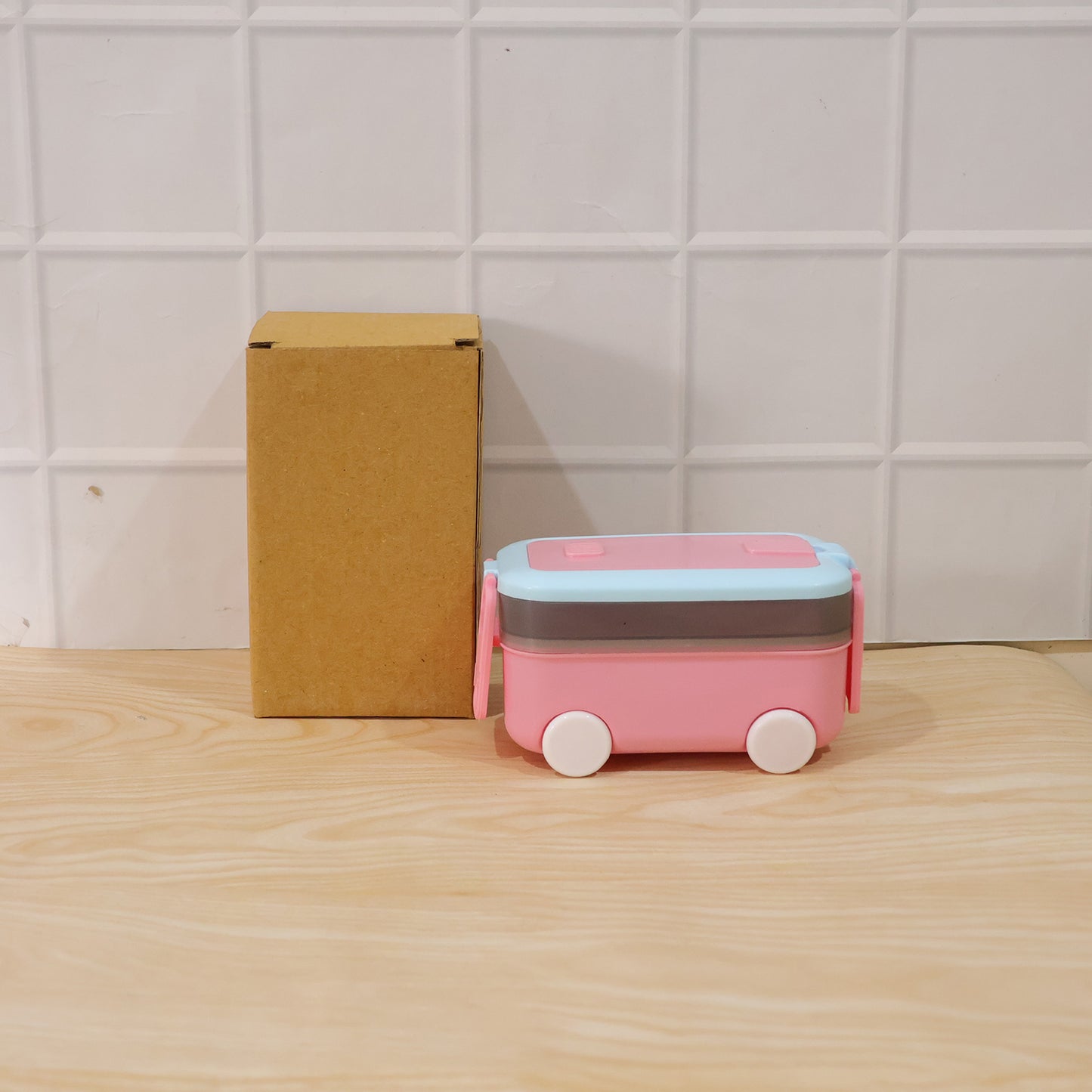 Car Shape Kids Lunch Box with Wheels Spoon and Fork for School Tiffin (1 Set)