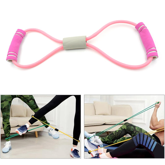 A pink figure 8 resistance band with gray foam handles is shown above two smaller images of people exercising with green and