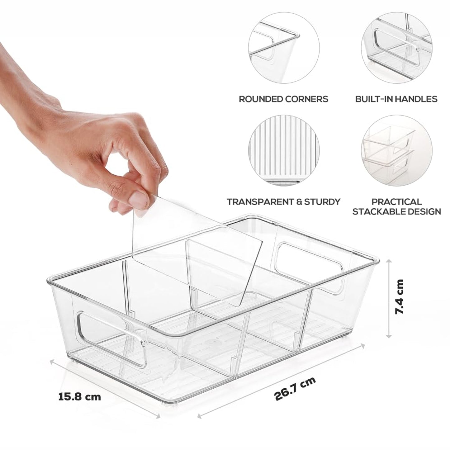 Front view of clear fridge organizer bin