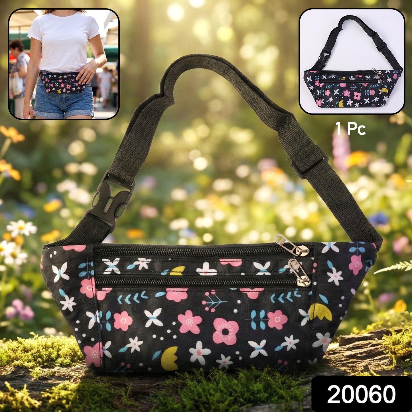 Compact floral print pouch with zipper