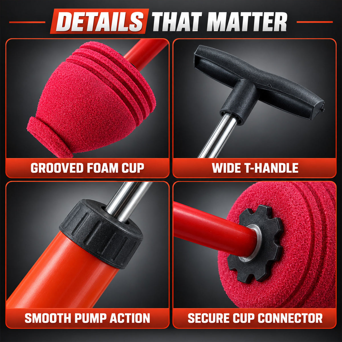 Four close-up images show the grooved foam cup, wide T-handle, smooth pump, and secure cup connector.