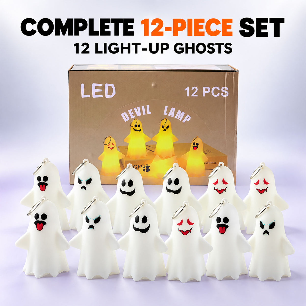 Cute Ghost LED Night Lamps for Halloween Table and Hanging Decor (12 Pc Set)