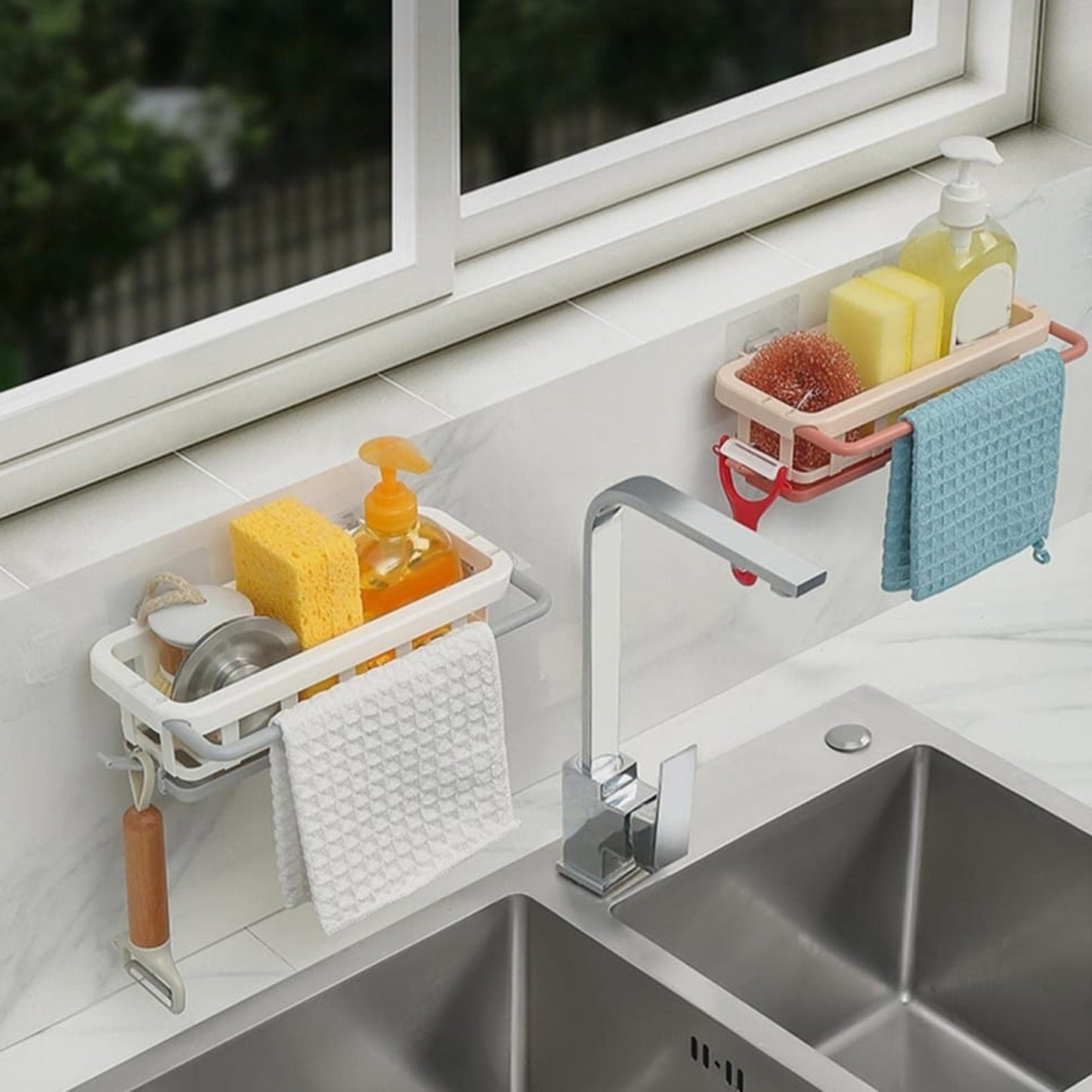 Kitchen sink area with organized hanging drain rack