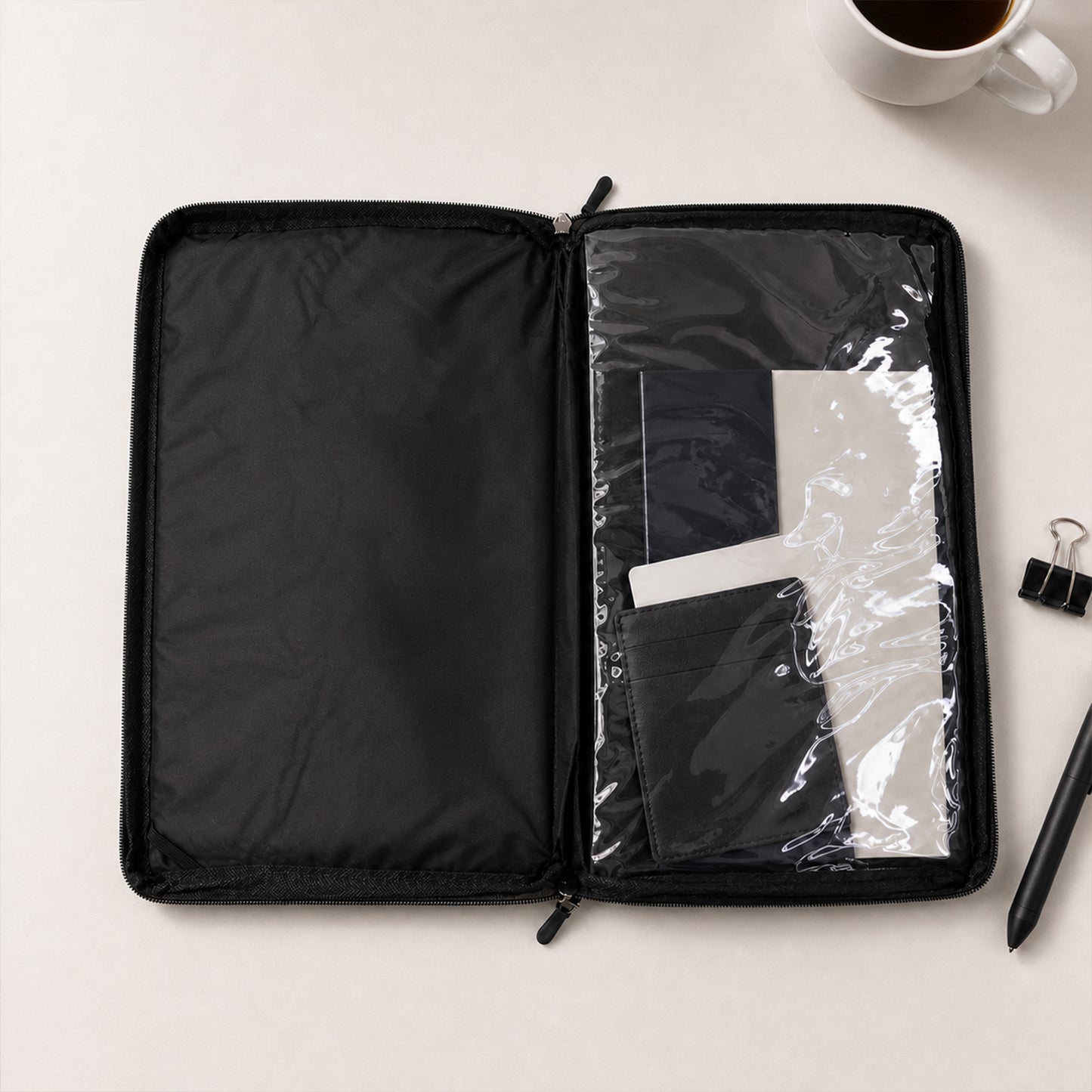 Interior view of padded laptop compartment and organized inner pockets
