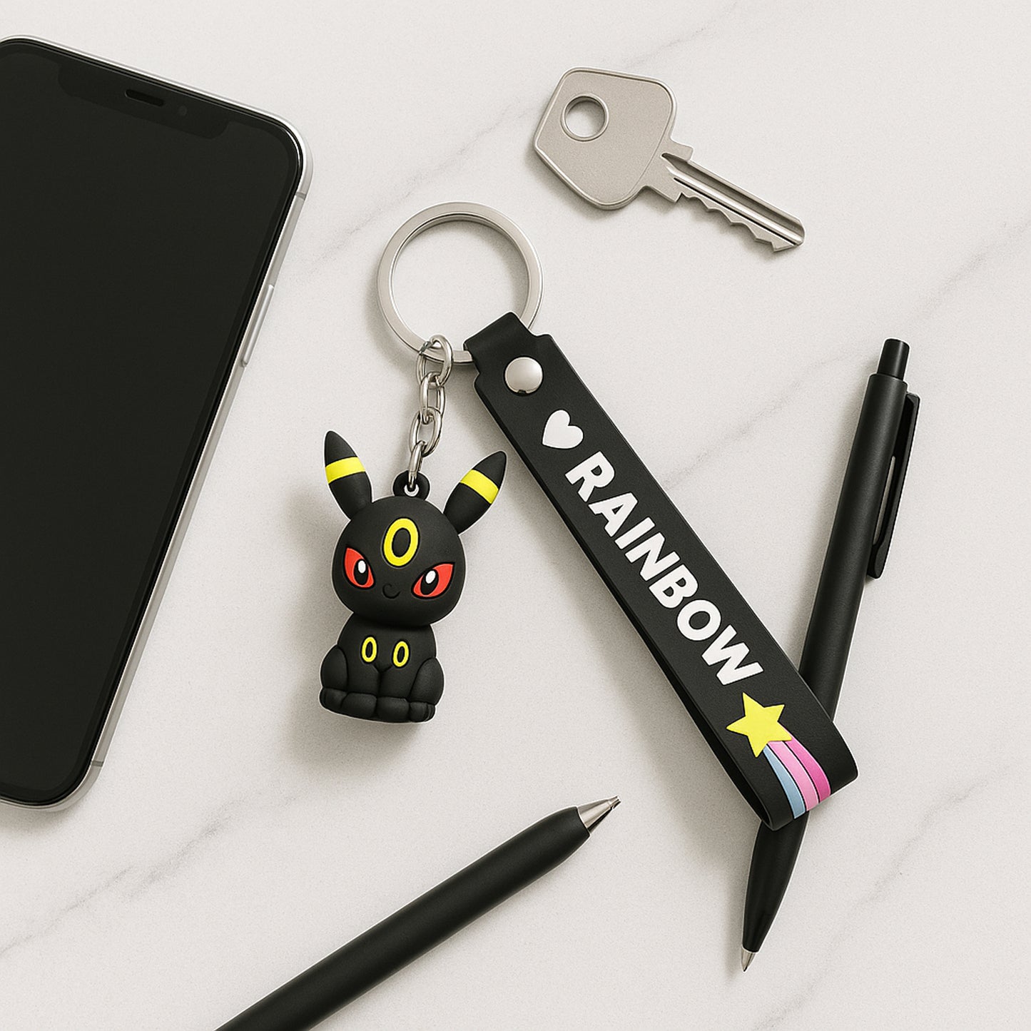 Cute Cartoon Silicone 3D Key Chain with Metal Hook & Strap (Pack of 1 / Mix Design)