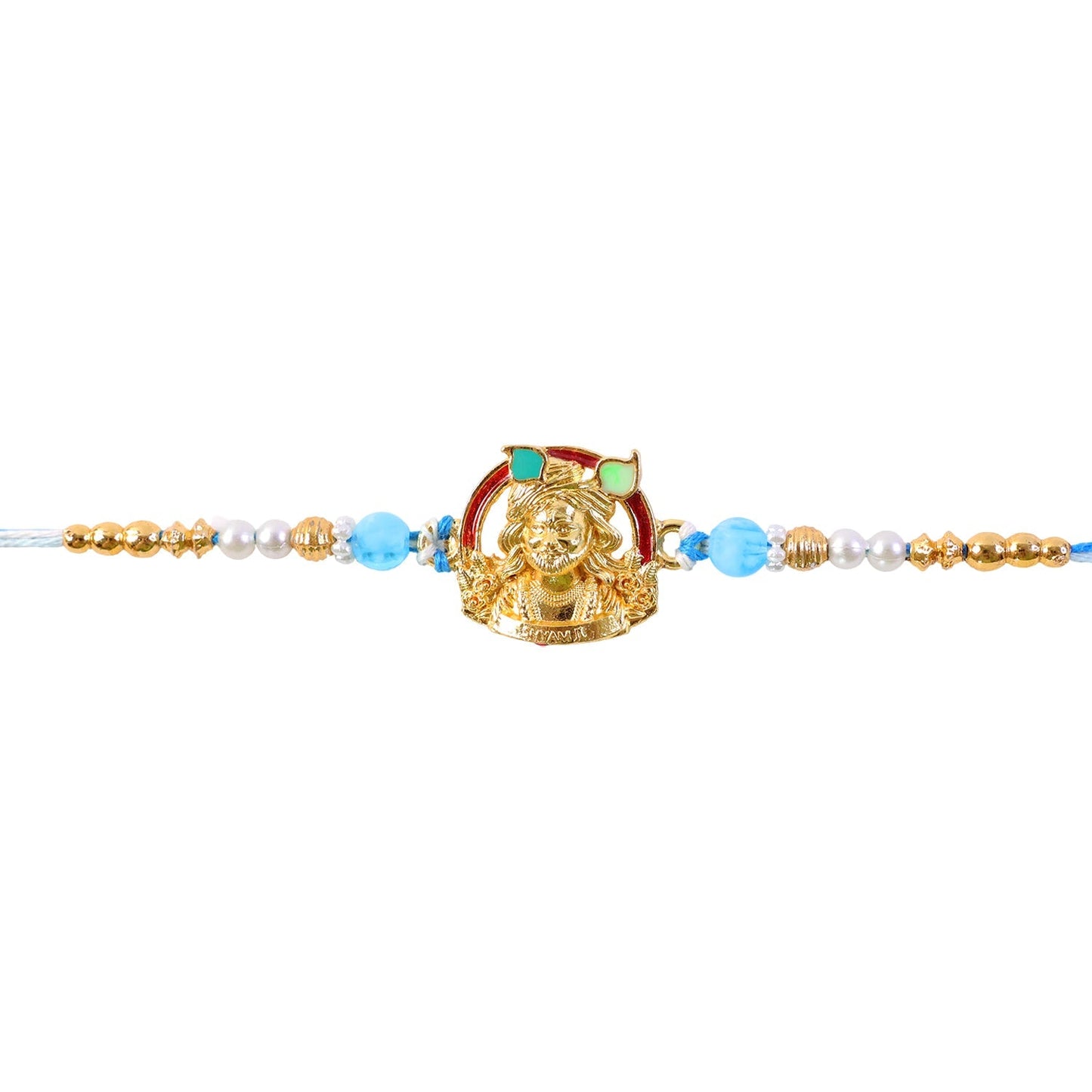 Gold-Toned Khatu Shyam Rakhi with Blue and Pearl Beads for Raksha Bandhan (10pcs)