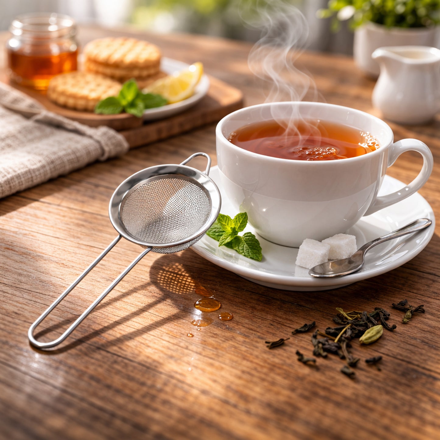 Full stainless steel tea strainer set on kitchen counter