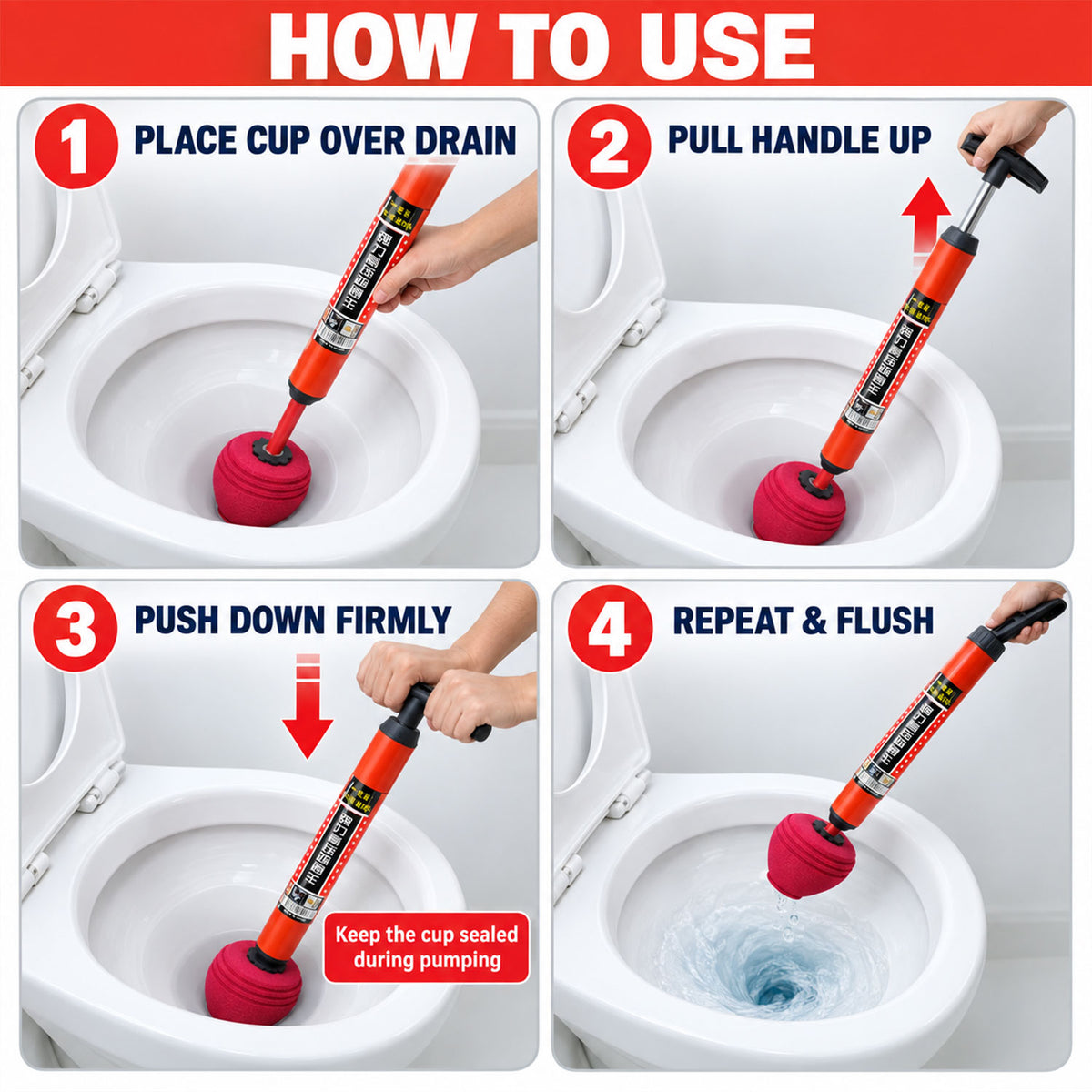 Angled view of the manual toilet drain unclogging pump