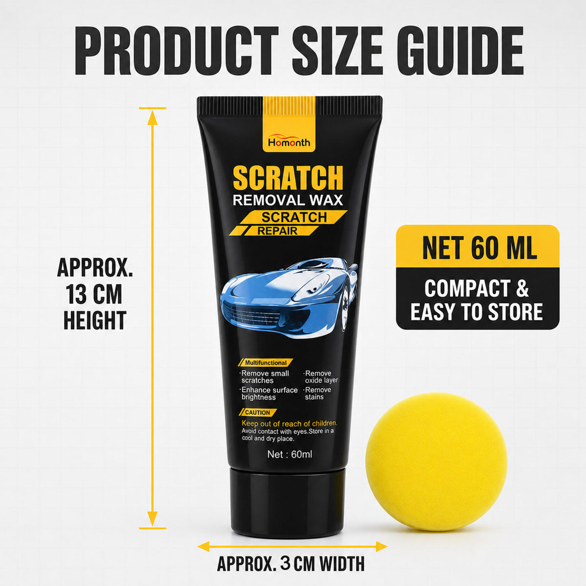 Product size guide showing the scratch removal wax tube is 13 cm high and 3 cm wide, 60 ml.