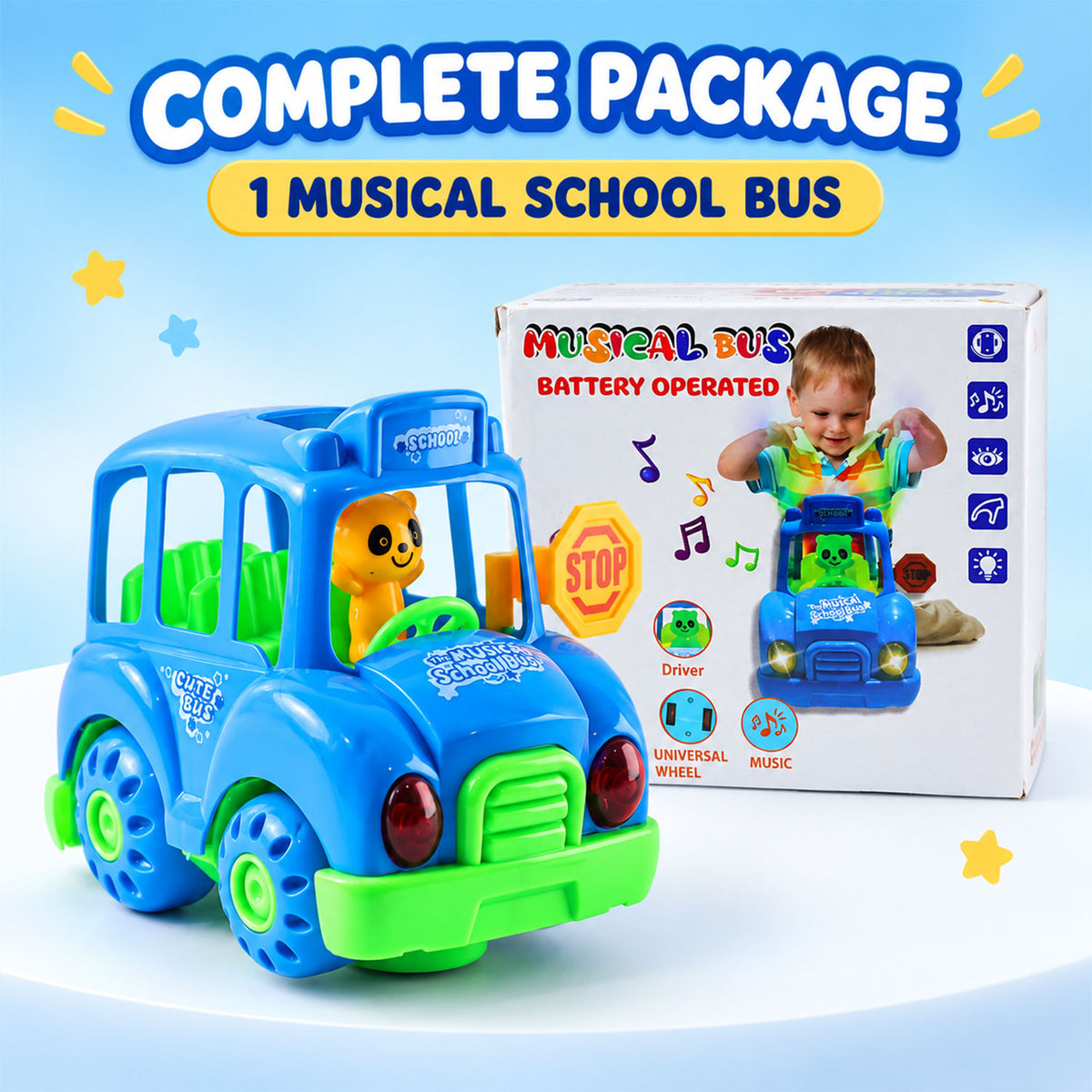 Battery Operated Musical School Bus Toy with Flashing Lights and Motion (1 Pc)