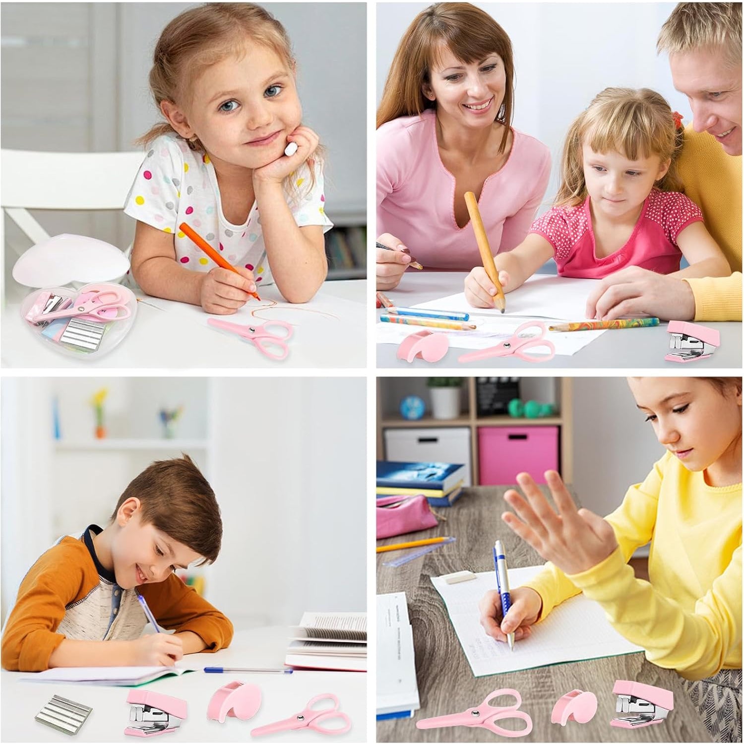 मिनी ऑफिस स्टेशनरी सेट - स्टेपलर, कैंची, पेपर क्लिप, टेप डिस्पेंसर, पारदर्शी टेप और स्टेपल