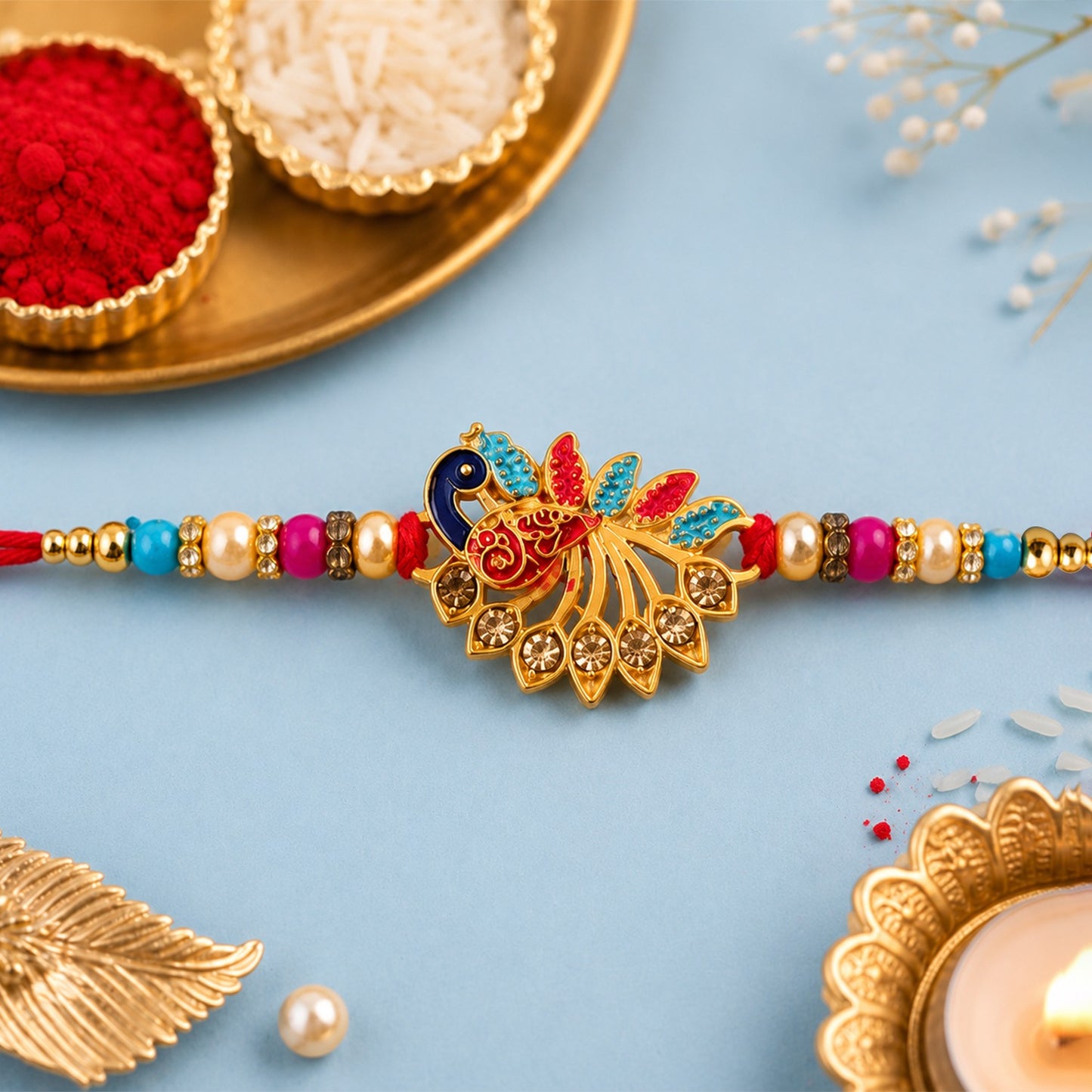 Peacock Rakhi – Colourful Stone Detailing & Red Thread
