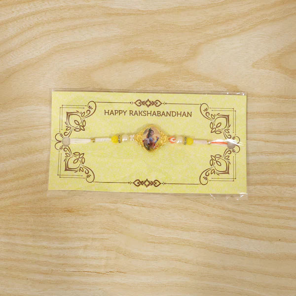 Lord Krishna Rakhi – Elegant Designer Thread with Beads and Photo